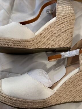 Women’s White Espadrille Wedge Sandals with Tan Ankle Strap